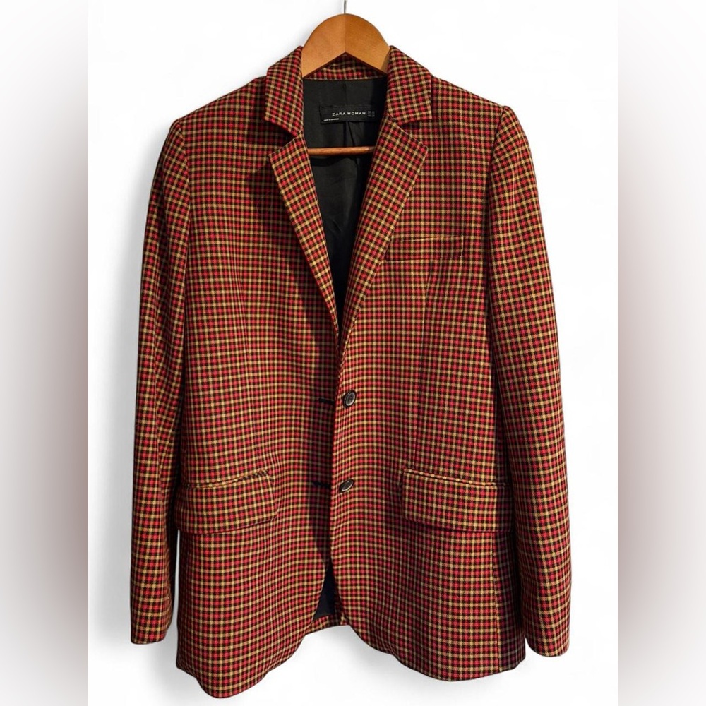Zara Women’s Red and Black Checkered Blazer